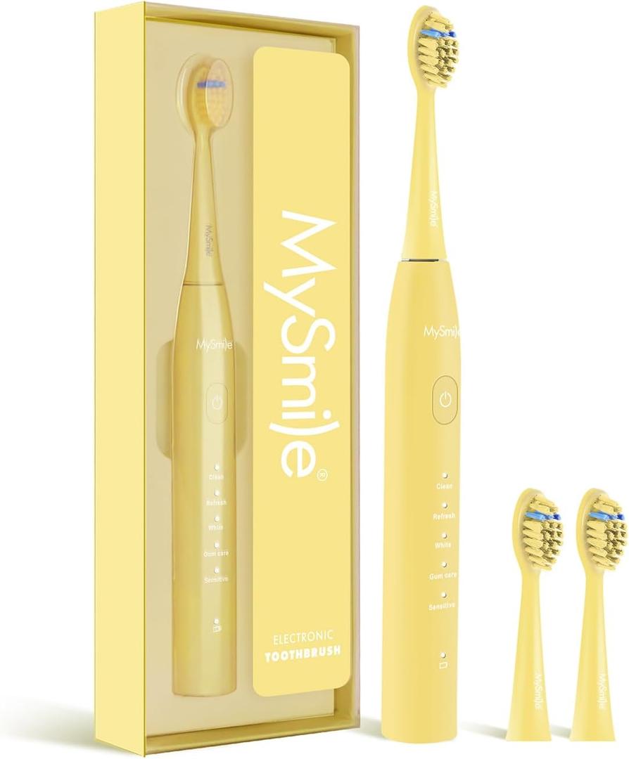 MySmile DY156 Electric Toothbrush for Adults, Rechargeable Sonic Battery Toothbrush Portable with 3 Brush Heads, 2 Mins 5 Modes Smart Timer, 45000VPM, One Charge for 60 Days - Yellow