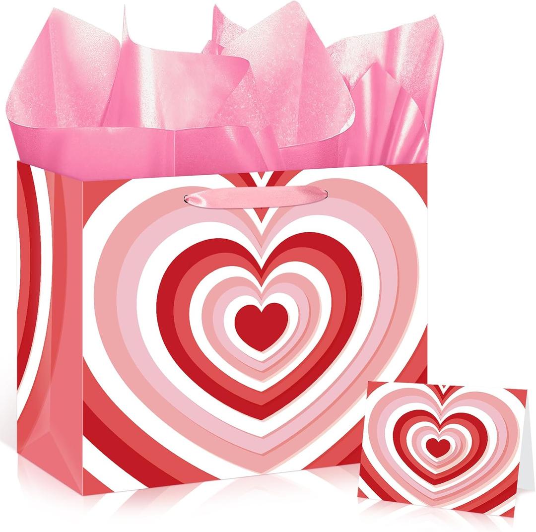 Innovoscape Mother's Day Gift Bag with Tissue Paper Greeting Card Large Pink Red Love Heart Mothers Day Gift Wrapping Paper Goodie Treat Bags for Her Men Him Women Valentine's Day Party Decorations