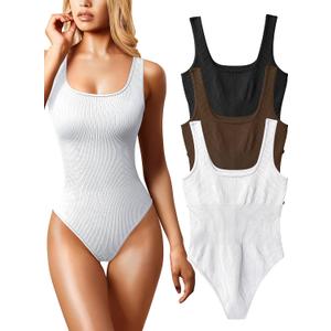 OQQ Women's 3 Piece Bodysuits Sexy Ribbed Sleeveless Square Neck Tank Tops Leotard 2025 Trendy Outfits (Black Coffee White)