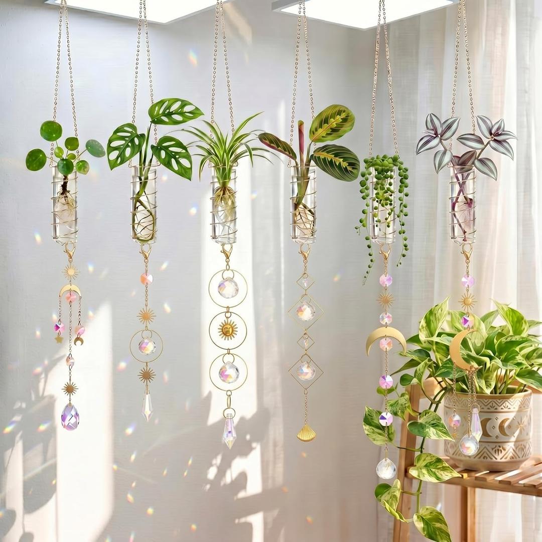 6 Pcs Plant Propagation Station Colorful Crystal Suncatcher, Handmade Boho Rooting Vase, Hanging Window Plant Propagator Stations Suncatcher with Chain Pendant Ornament Balls