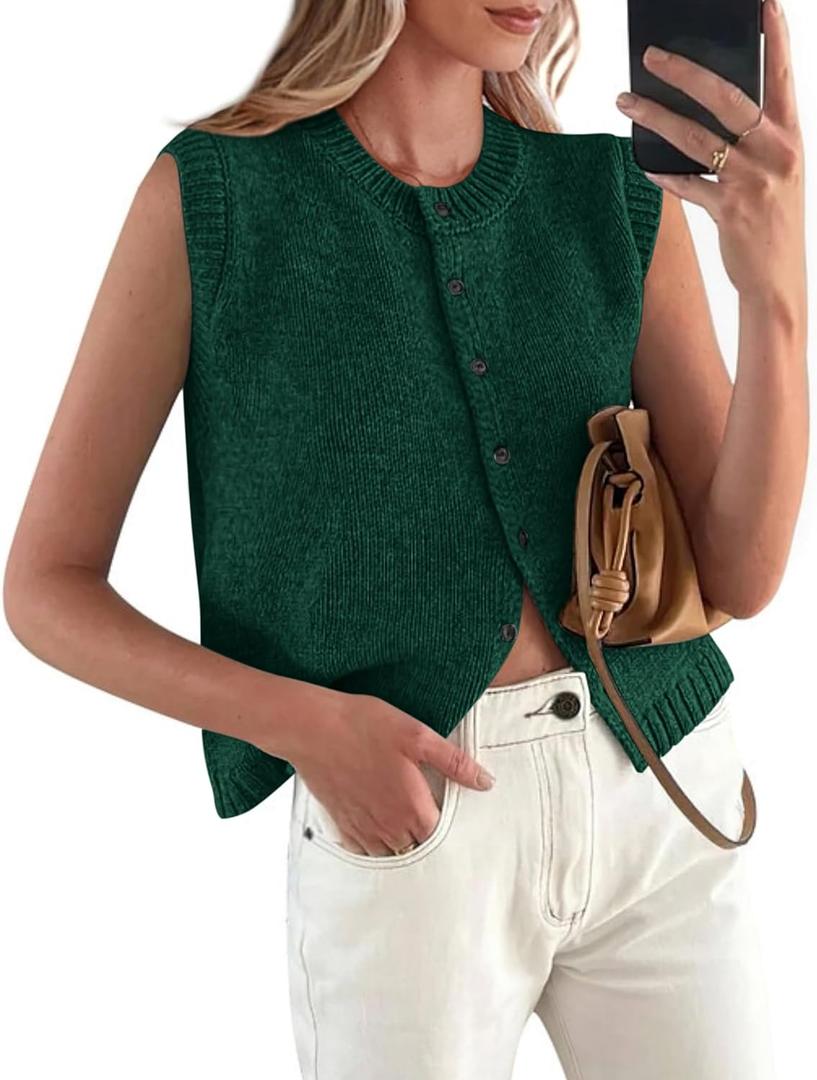 PRETTYGARDEN Sweater Vest Tops for Women 2026 Lightweight Summer Cardigan Sleeveless Button Up Knit Casual Spring Clothes (Large, Dark Green)