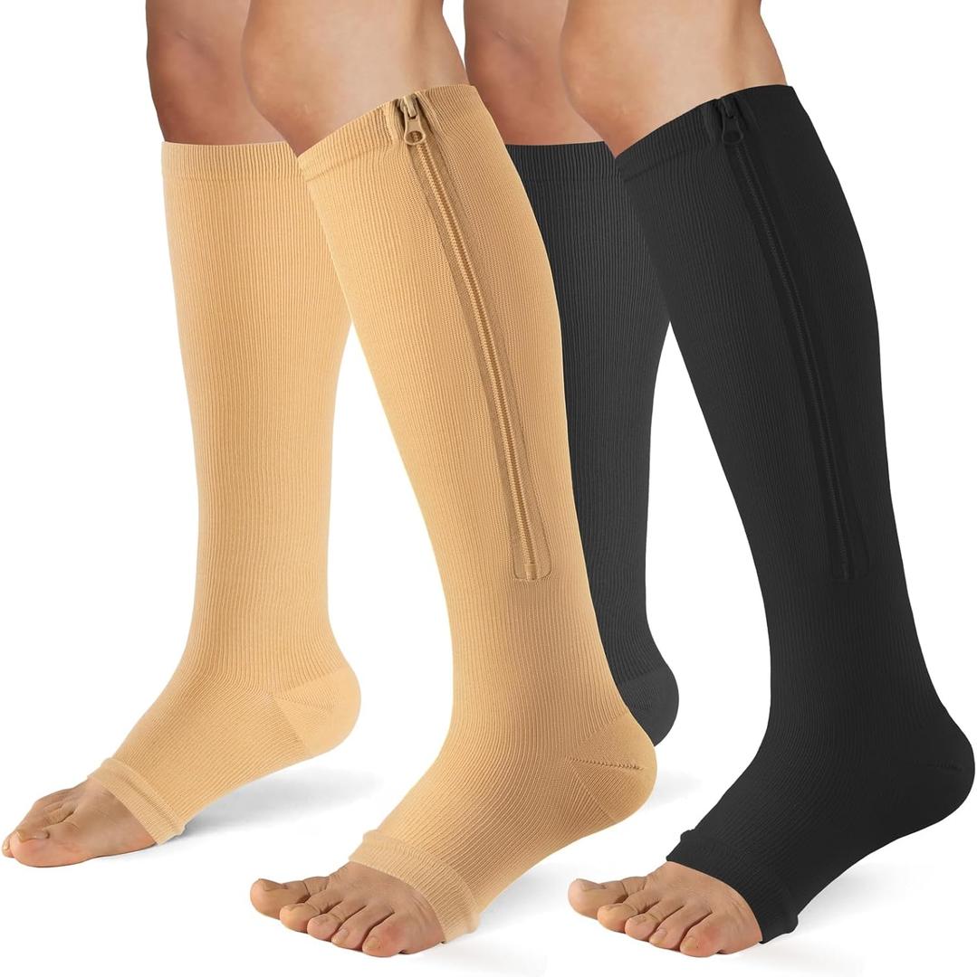Zipper Compression Socks for Women & Men 2 Pairs15-20mmhg Open Toe Compression Stockings for Nurse and Long Standing Crowd (Large-X-Large, Black beige)