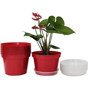 RooTrimmer 8 inch Plastic Flower Pots, Red Plant Pots 12Pack with Saucers for Indoor House Plants Growing and Decoration
