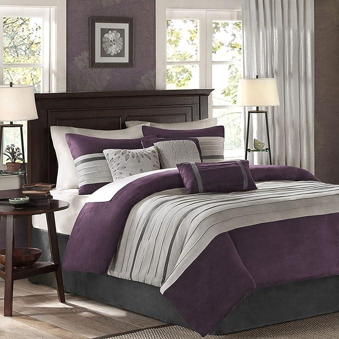 Madison Park Palmer Comforter Set - Faux Suede Design, Striped Accent, All Season Bedding, Shams, Decorative Pillow, Bed Skirt, Queen (90 in x 90 in), Purple 7 Piece
