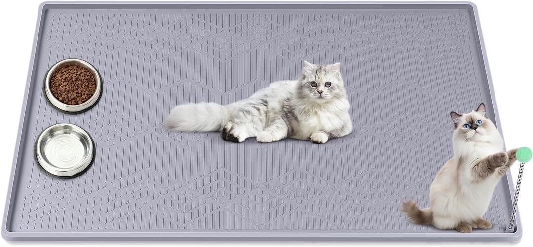 Cat Food Mat with Toy Ball, 34'' x 22'' Extra Large Silicone Pet Feeding Mat with Raised Edge Pet Placemat for Food and Water Bowl Non-Slip, Easy to Clean, Floor Protection (Grey)