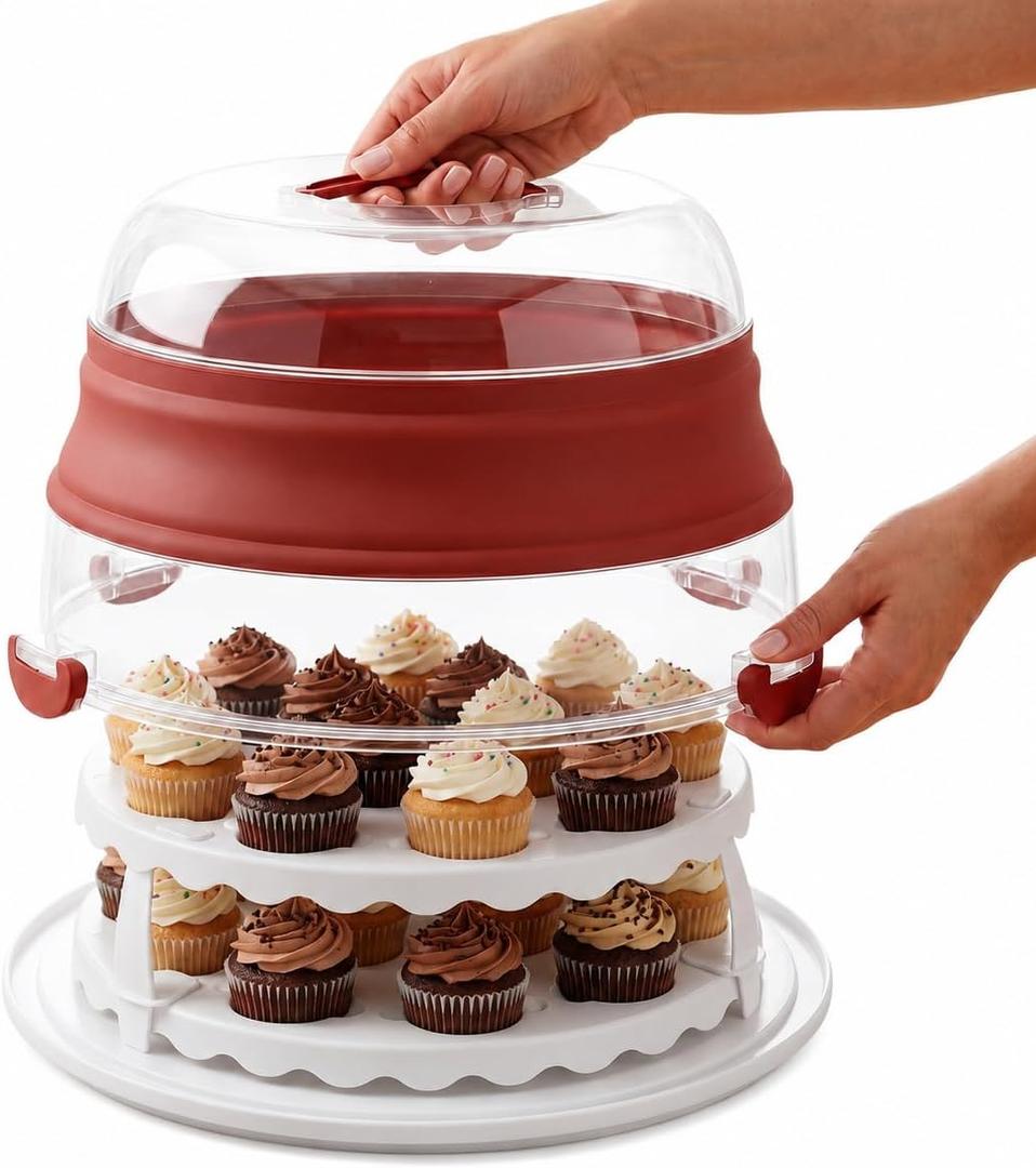Collapsible Cake Carrier with Lid and Handle, 2-in-1 Cupcake Containers & Cake Holder, BPA-Free Portable Cake Container for Layer Cakes & 24 Cupcakes, Folds Flat to Save Space, Large