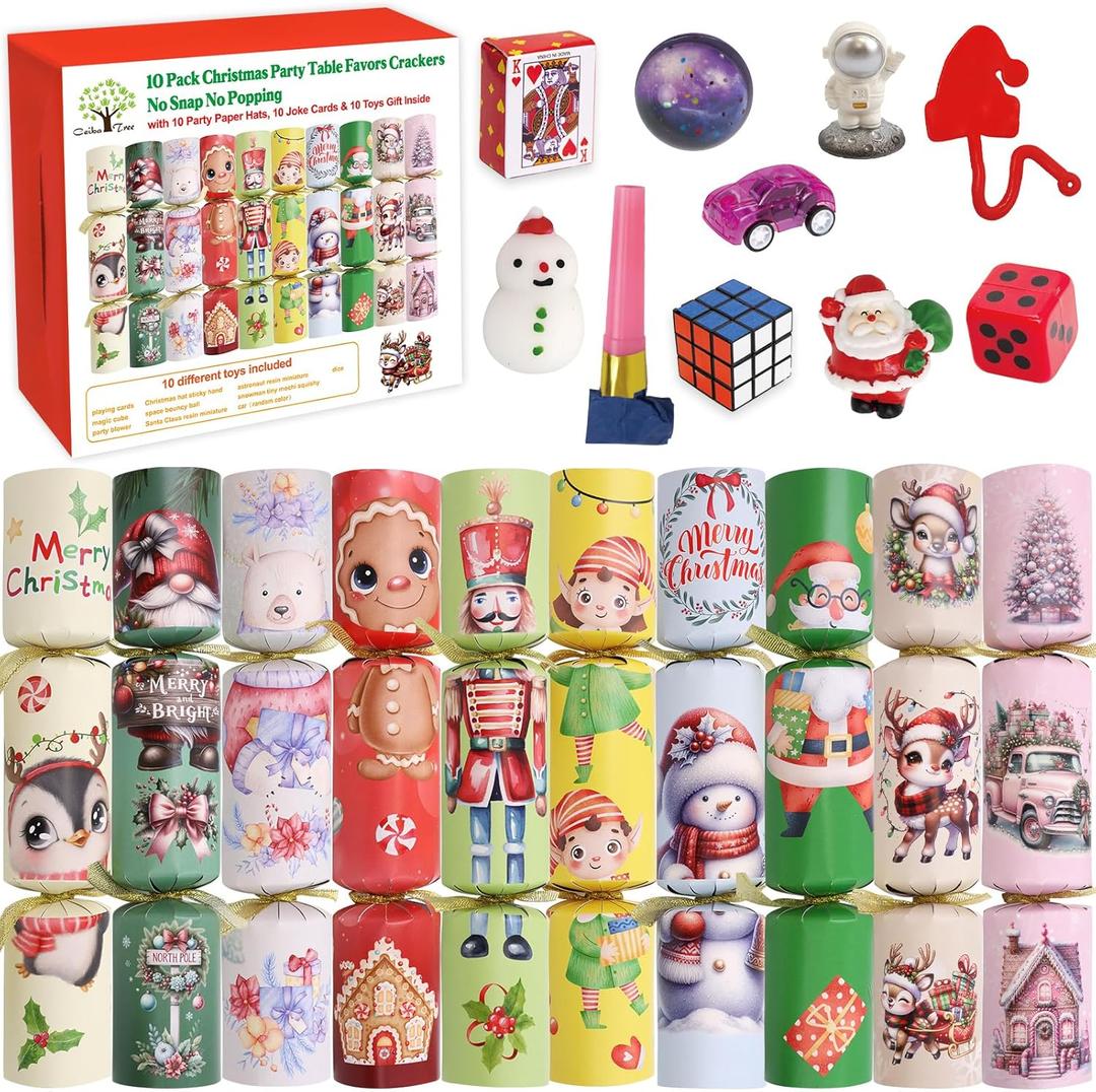 ceiba tree 10 Pack Christmas Crackers Poppers Party Favors Non-Snap No Popping Table Supplies Games with Toys Gifts Party Paper Hats Joke Paper