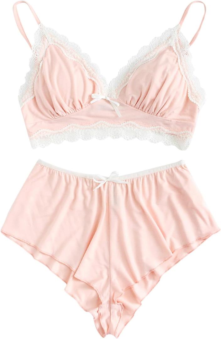 SweatyRocks Women's Lace Trim Underwear Lingerie Straps Bralette and Panty Set (Large)