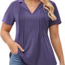 ROSRISS Plus-Size-Womens-Summer-Tops Casual Polo V Neck Work T Shirts Cute Flowy Pleated Blouses Trendy Short Sleeve Tunics (Purple)