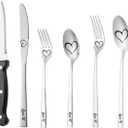 WORTHBUY Matte Black Silverware Set 5 Pieces Flatware Set Stainless Steel Tableware Cutlery Set Reusable Utensil Includes Spoon Forks Knife Set for Kitchen Work Dishwasher Safe (Heart Pattern)