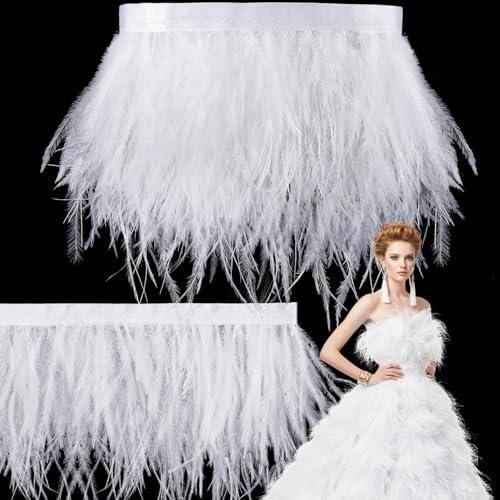 Janinka 10 Yards White Ostrich Feathers Trims 3-4 Inch Feathers Fringe Trim Ribbon for DIY Dress Sewing Crafts Halloween Costumes Accessories