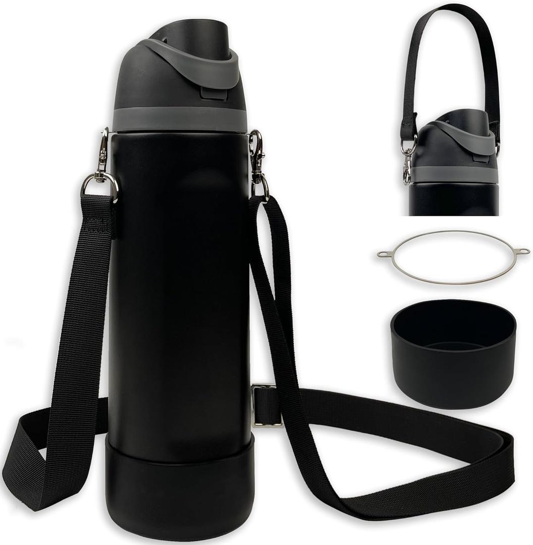 Silicone Boot Set for Owala Water Bottle 24 oz, 32 oz, 40 oz - Includes Non-Slip Sleeve, Shoulder Strap & Handle Strap, Perfect Owala Accessories, Fits Owala Tumbler, Owala FreeSip, Candy Coated (Black)