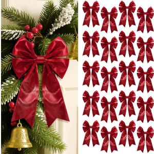 Glitinsel 20 Pcs Burgundy Velvet Bows for Christmas Tree 5 x 7 Inch Premade Christmas Red Bows with Twist Tie Xmas Bow Ornaments for Cabinet Wreath Gift Wrapping Home Door Window Party Decoration