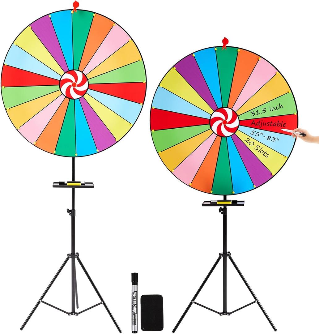Gemscream 31.5 Inch Large Giant Prize Wheel Adjustable Height 55"-83" Floor Stand Fortune Roulette Wheel with Dry Erase Marker & Eraser, 20 Slots Spinner Game for Game Carnival and Trade Show