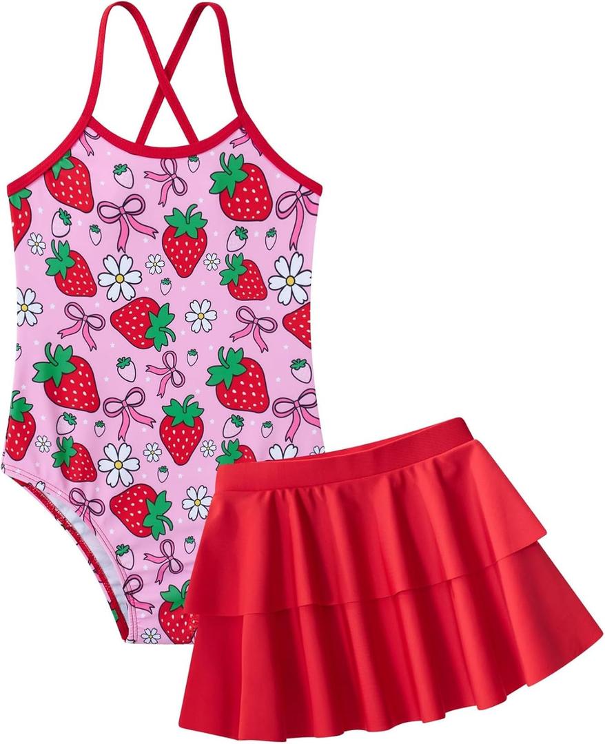 Vieille Little Girls Swimsuit Cute Kids Quick Dry Swimwear with Skirt 3-8 Years (5-6 Years, Strawberry)