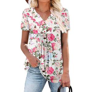 BETTE BOUTIK Womens Short Sleeve Tunics V Neck Button Down Shirts Blouse Tops Pullover (White, M)