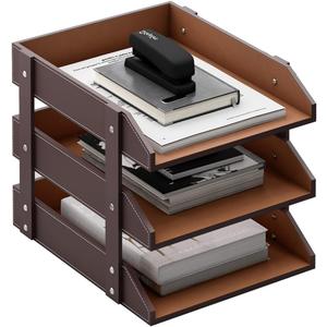 Leather Desk Organizer, Thipoten 3-Tier Stackable Letter Tray Holder for Office Supplies, Paper, File, Magazine, Perfect Office Organization for Desktop (Brown-3Tiers)