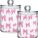 Pink Bow Bathroom Canister Set of 2 Qtip Holder Clear Plastic Jars Holder Dispense Bathroom Organizer Storage Jars with Lids Home Decor (MultiA003)