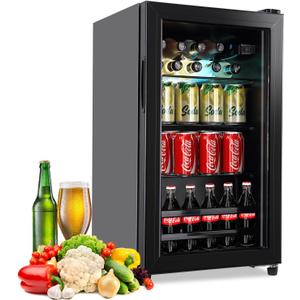 FLB-60 Refrigerator Cooler-120 Can Freestanding Beverage Cooler with Glass Door-Small Drink Dispenser Machine for Office or Bar with Adjustable Removable Shelves, Black