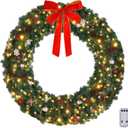 VINGLI 60 Inch Pre-lit Outdoor Christmas Wreath, Large Christmas Wreath with Lights 220 LED and 600 PVC Branches for Garage, Green Wreath w/Bow, Pine Cones, Ornaments, Remote Control, Timer (Plug-in)