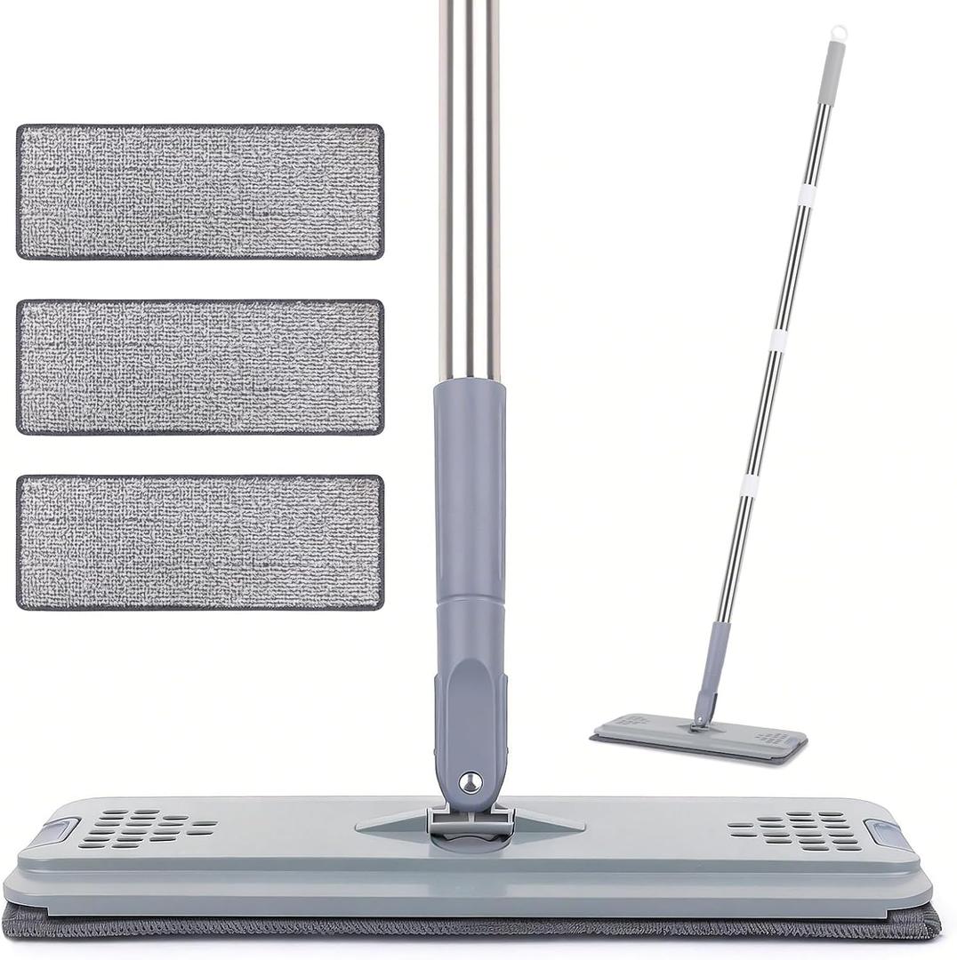 Flat Mop with 3 Pads, Microfiber Mops for Floor Cleaning Adjustable Handle 29-49, Dust Mop for Hardwood Floors, Wet Dry Use on Laminate Wood Tile Vinyl Wall Mopping Bathroom Kitchen Household Supplies (Medium)