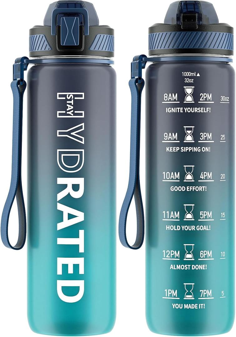 Water Bottle with Straw, 32oz Motivational Water Bottles with Time Marker to Drink, Tritan BPA Free, 1L Sports Water Bottle with Carry Strap LeakProof for Women Gym Fitness Outdoor (1 Pack) (Dark Blue)