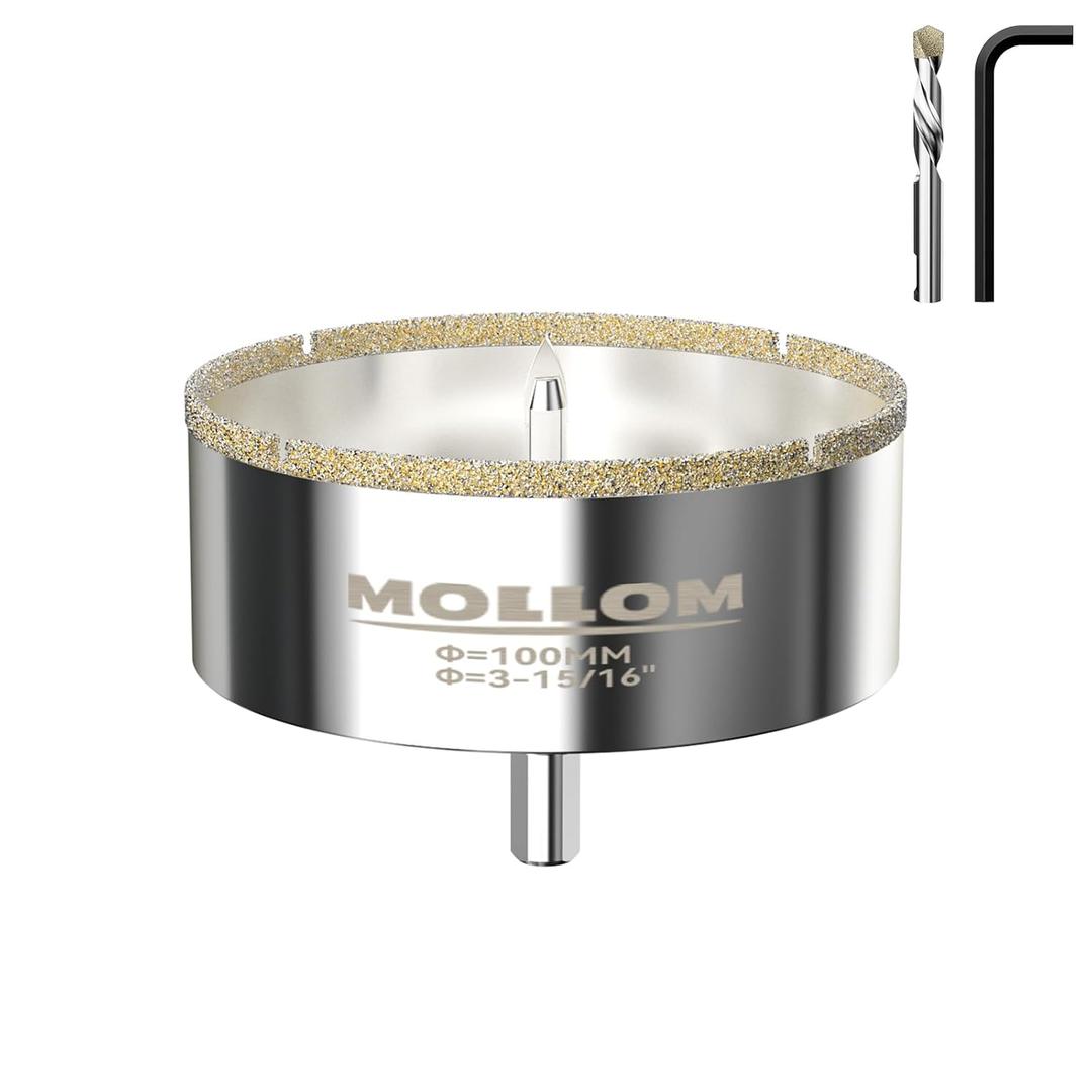 Mollom 3-15/16" (100mm) Diamond Hole Saw with 2Pcs Removable Pilot Drill Bit Smooth Cutting for Porcelain Tiles,Glass,Ceramic,Marble,Fiberglass,etc