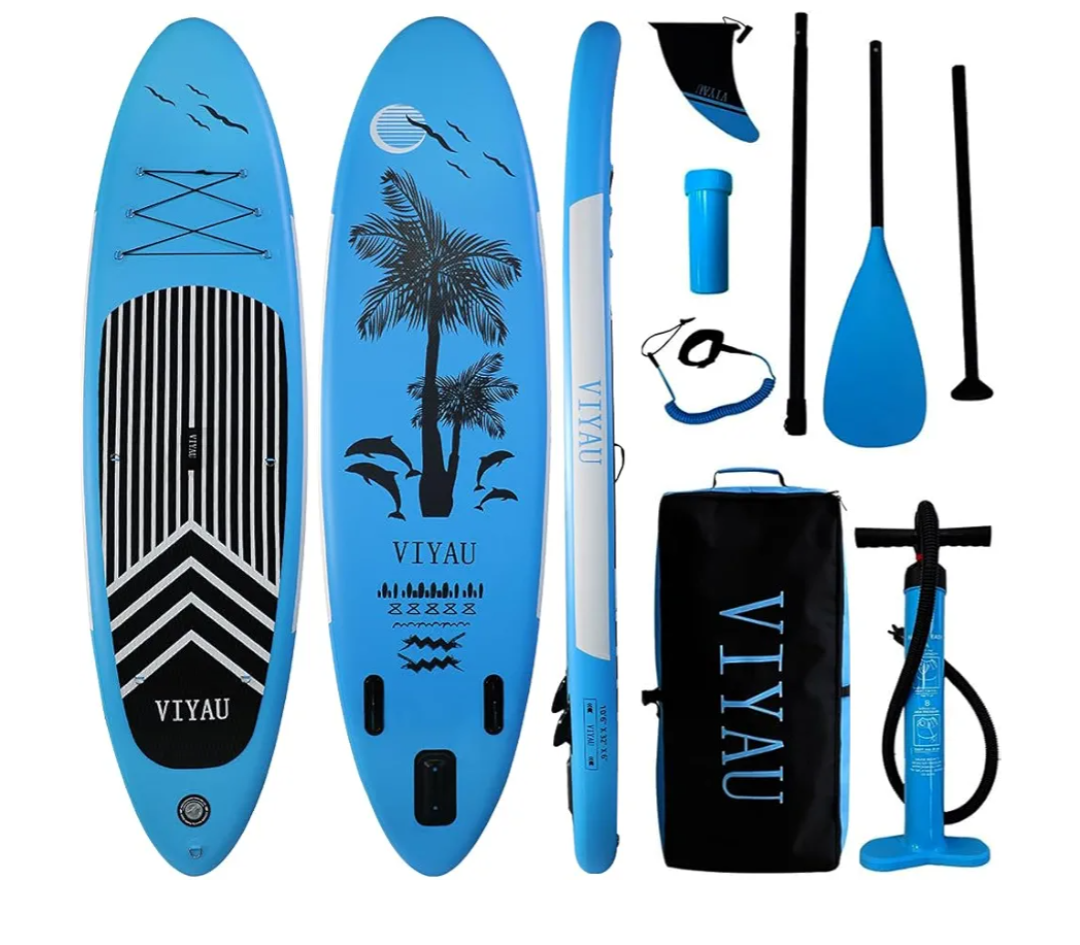 VIYAU Inflatable SUP Board, Stand Up Paddling Board Equipped with 3-Piece Adjustable Aluminum Paddle + Hand Pump, 125.98" × 31.88" × 5.9"