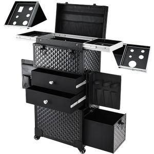 Joligrace Cosmetology Case on Wheels, Rolling Makeup Case for Hairstylists & Makeup Artists Lockable Professional Make up Case Salon Trolley Cart with Hairdryer Holder for Salon/Barber/Travel, Black