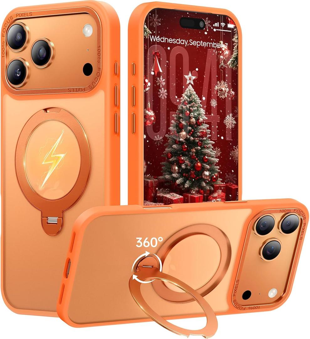 360 Spin Magnetic Stand for iPhone 17 Pro Max Case, Fit for MagSafe, Mil-STD Protective Case for iPhone 17 Pro Max Phone Case with Kickstand Rotatable 6.9 inch, Orange