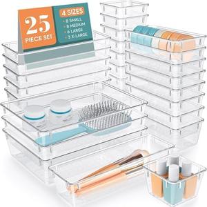 WOWBOX Set of 25 ,Clear Plastic Drawer Organizer Set, 4 Sizes Desk Drawer Divider Organizers and Storage Bins for Makeup, Jewelry, Gadgets for Kitchen, Bedroom, Bathroom, Office