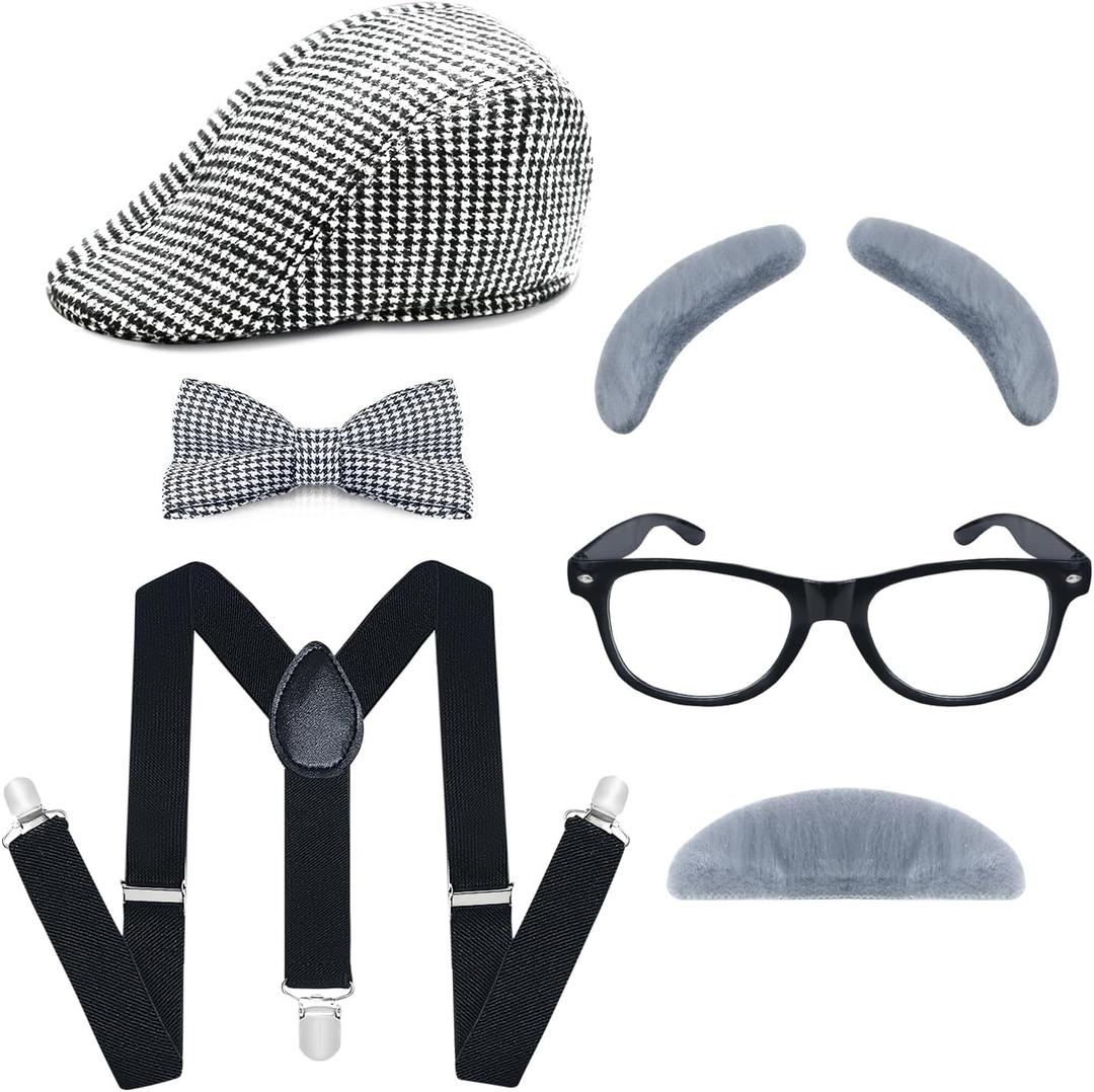 Kids 100 Days of School Costume Set  Fun Old Man Costume Outfit Set with Vintage Hat, Mustache, Glasses for Boys