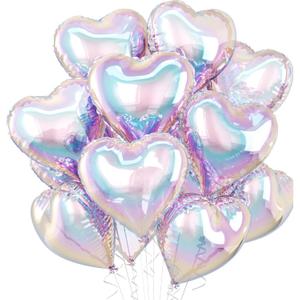 Iridescent Heart Balloons, 10 Pcs Transparent Rainbow Heart Shaped Balloon, 18 Inch Gradient Clear Foil Balloons for Engagement Brithday Baby Shower Wedding Valentines Mermaid Party Decorations