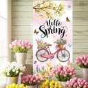 Spring Door Cover Decorative Welcome Spring Door Banner Decorative with Colorful Floral Butterfly and Pink Bicycle for FrontdDoor Decorations Spring Hanging Decor Supplies Outdoor Classroom (Green)