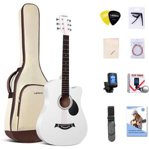 38 inch Beginner Guitar White Acoustic Guitar Beginner kit Adult Cutaway Acoustic Guitar Guitarras Starter Set Bundle with Padded Gig Bag, Strap, Capo, Strings, Picks