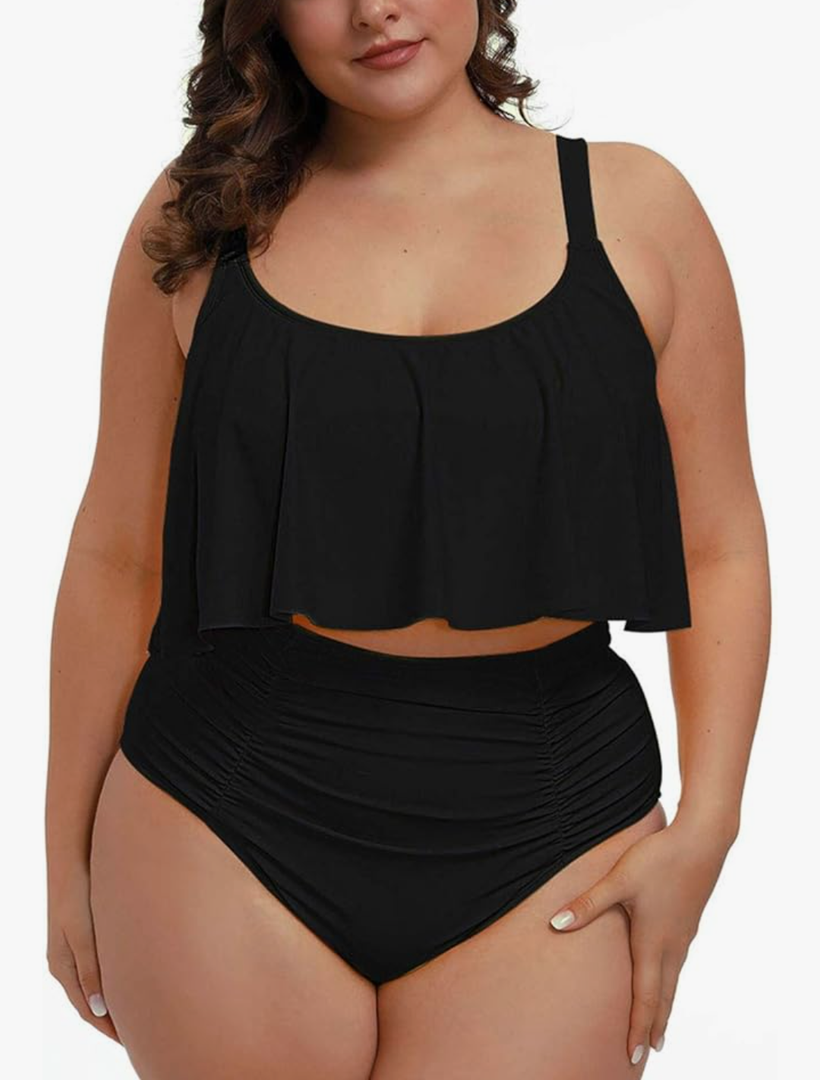 Pink Queen Women Plus Size Swimsuits Tummy Control Ruffle 2 Piece High Waisted Bathing Suit Swimwear, Size 2XL
