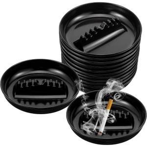 12 Pcs Plastic Ash Trays, Large Round 6.8" Vintage Ashtray Sets for Smokers Outdoor Indoor Home Office Patio Bar Restaurant Tabletop (Black)