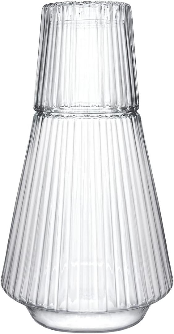 Sizikato 30 Oz Classic Striped Clear Glass Bedside Night Water Carafe with Tumbler Glass.