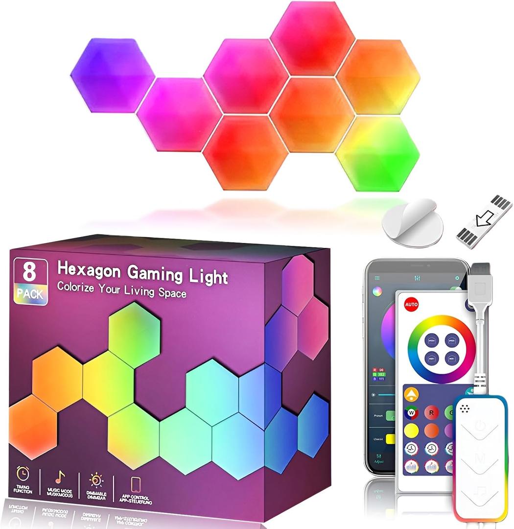 Hexagon LED Lights 8 Pack, Smart RGB Wall Decor with APP/Voice Control, Music Sync, DIY Modular Honeycomb Lights for Gaming Room, Bedroom, Home Theater Wall Decor