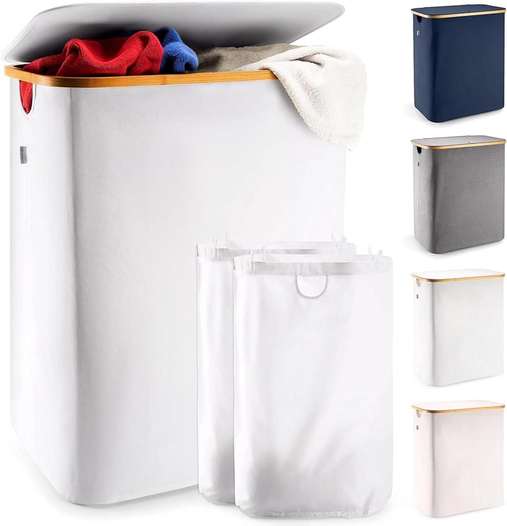 LONBET Laundry Basket with Lid, Made from Breathable Fabric | Aesthetic Clothes Hampers for Laundry with Side Handles & Sturdy Bamboo Frame (40 Gallons - Double, Light Gray)