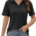 Imily Bela Womens Short Sleeve Polo T Shirts Summer Business Dressy Casual Tops Work Collared V Neck Basic Tees (Medium, Black)