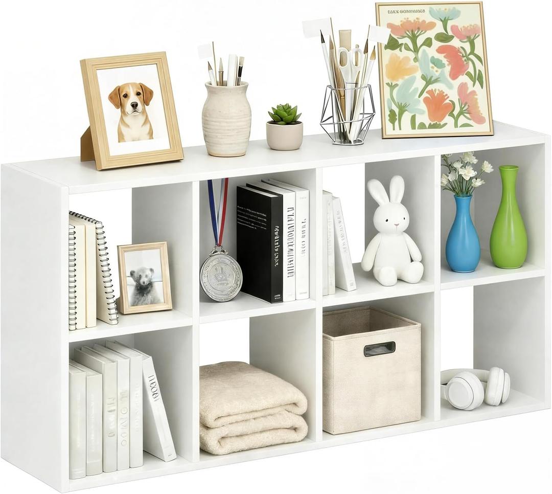 8-Cube Storage Organizer Shelf, Open Cube Bookshelf, Reversible Bookcase, Sturdy Modern Storage for Home Office, Bedroom, Living Room, White