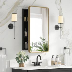 Bathroom Medicine Cabinet with Mirror 16 x 24 Inch, Brush Gold Medicine Cabinet Recessed or Surface Wall-Mounted, Mirrored Cabinets with 2 Adjustable Shelves for Bathroom Vanity