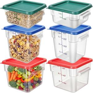 Lallisa 6 Pcs Food Storage Containers with Lids, Clear Square Food Containers with Handles Polycarbonate Restaurant Container Commercial Cereal Storage Set for Kitchen, 2, 4 and 6 Qt(Blue, Red, Green)