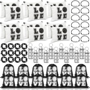 Tigeen 60 Pcs Volleyball Gifts for Teen Girls Volleyball Drawstring Gift Bags Charm Bracelet Hair Scrunchies Makeup Bag Lipstick Holders Keychain Sports Party Supplies