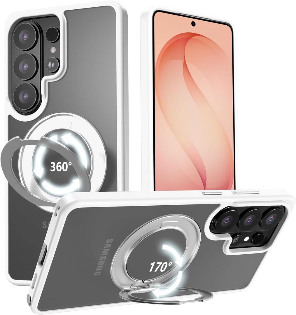 VUM Galaxy S26 Ultra Case 6.3", MagSafe Supported, Full Camera Protection, Built-in Magnetic Ring, 360 Rotatable Magnetic Stand, Military Grade Shockproof, Semi-Transparent Matte, White