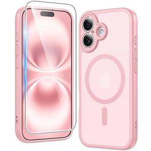 FNTCASE for iPhone 16 Plus Case: Matte Magnetic Phone Cases with Screen Protector Compatible with Magsafe Slim Anti Yellowing Rugged Shockproof Protective Translucent Cell Phone Cover (C-Pink)
