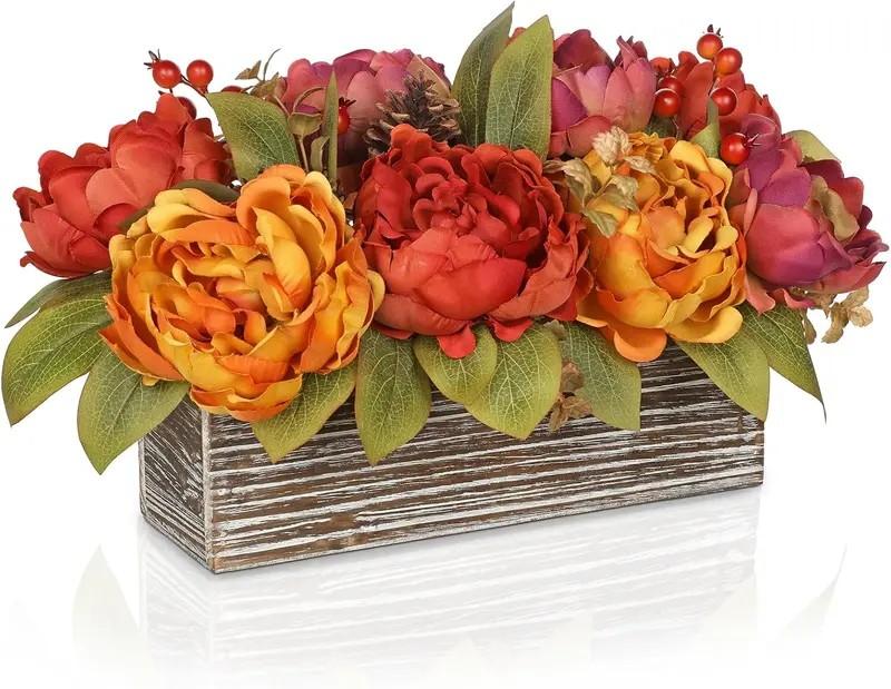 Fall Peonies Artificial Flowers In Rustic Wooden Box, Fall Silk Flowers Centerpieces for Tables, Falls Floral Arrangement with Pinecones, Berries for Autumn, Harvest Decor, Thanksgiving Decorations