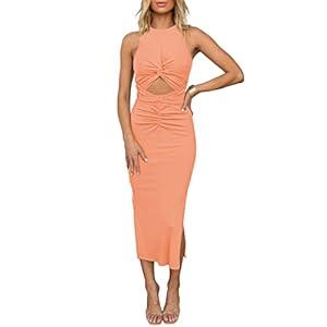 Duigluw Bodycon Midi Dresses Women Cutout Ruched Twist Side Slit Stretchy Tie Tank Top Dress Shrimp Pink L