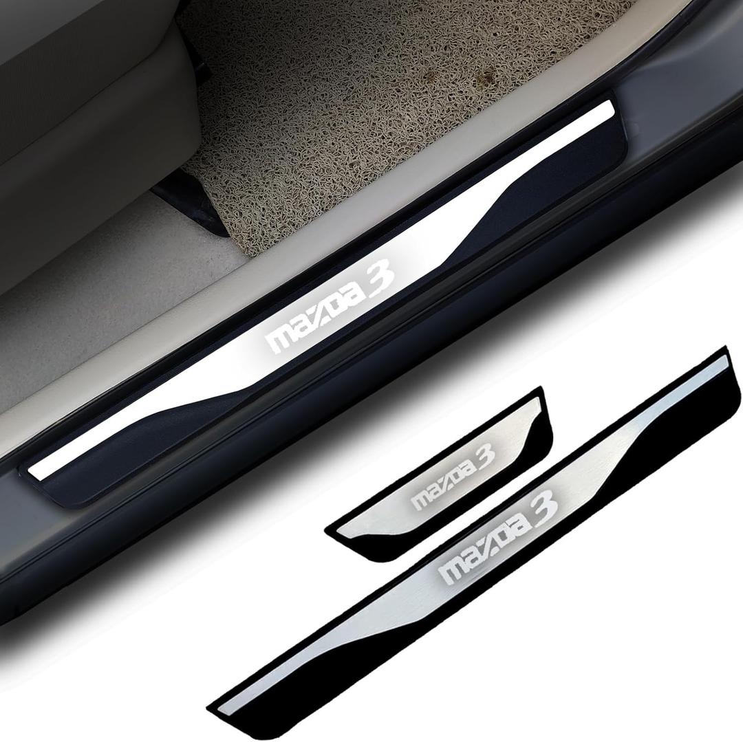 Car Door Sill Scuff Protector Accessories for Mazda 3 2015-2024, Door Entry Guard Plate Trim Cover, Auto Interior Accessory Kick Panels 4pcs Set (Silver)